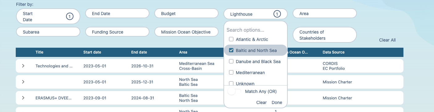 Projects filters